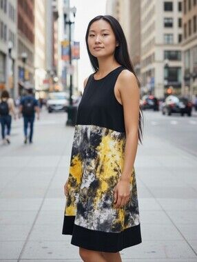 Sleeveless Black Dress with Yellow and Gray Tie-Dye Skirt 3086